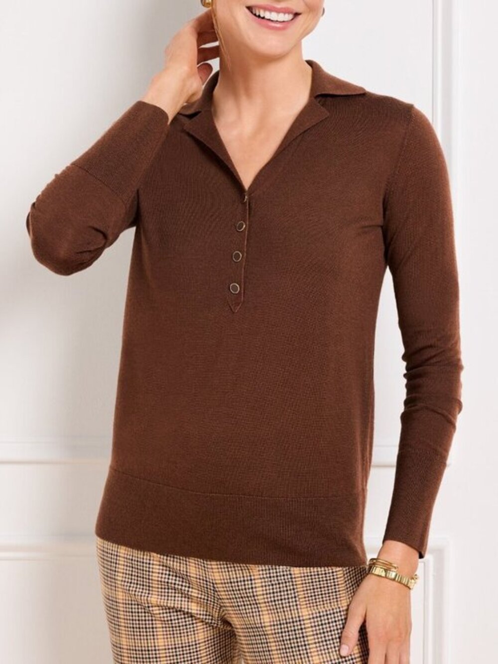 New Talbots 100% Merino Wool Polo Sweater Brown Small